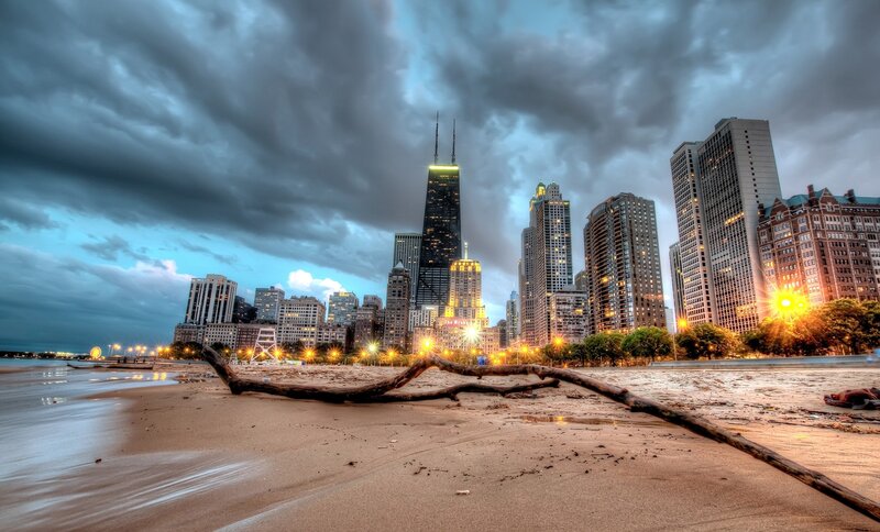 Chicago Skyline at Dusk — Blue, Dramatic, Night, Photograph, Skyscrapers, Beach