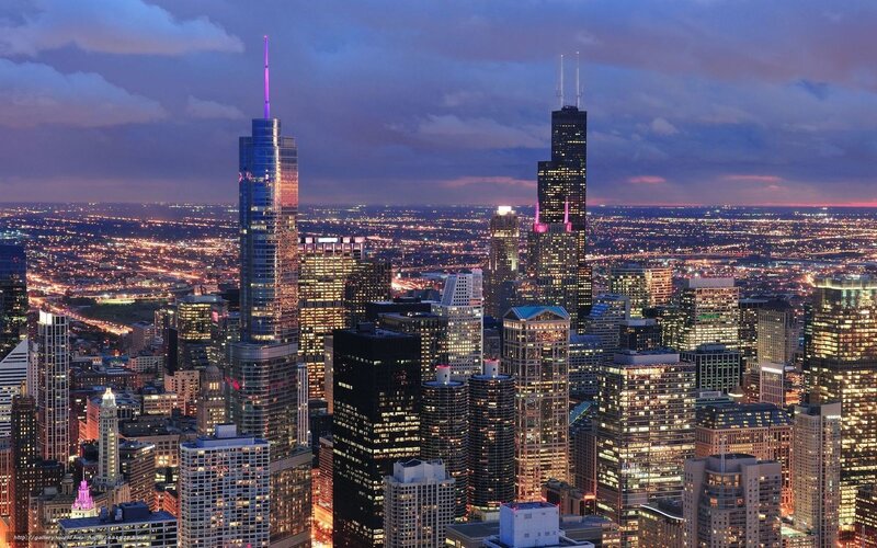 Chicago Skyline at Dusk — Blue, Dramatic, Night, Photograph, Skyscrapers, City Lights, Clouds