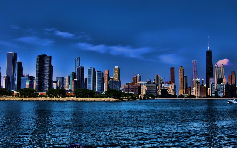 Chicago Skyline at Dusk — Blue, Dramatic, Night, Photograph, Skyscrapers, Lake, Trees