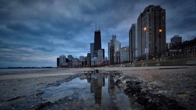 Chicago Skyline at Dusk — Blue, Dramatic, Night, Photograph, Skyscrapers, Puddle