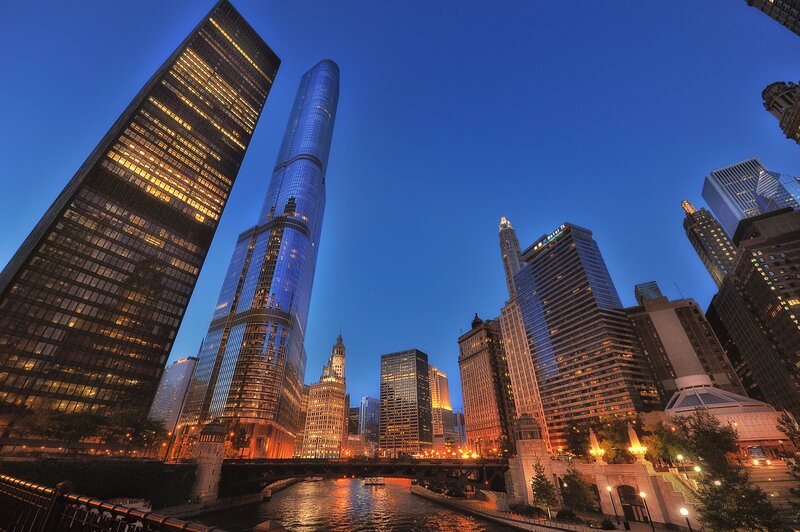 Chicago Skyline at Dusk — Blue, Dramatic, Night, Photograph, Skyscrapers, River, Bridge, Trees