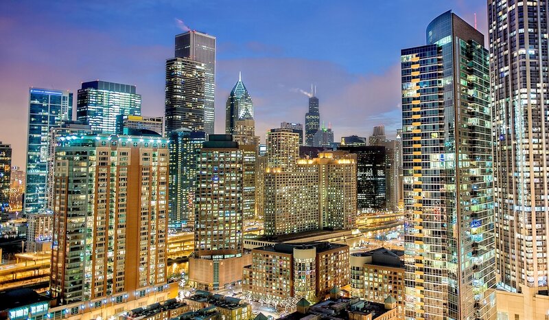 Chicago Skyline at Dusk — Blue, Dramatic, Night, Photograph, Skyscrapers