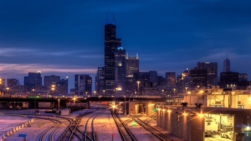 Chicago Skyline at Dusk — Blue, Dramatic, Night, Photograph, Train Tracks