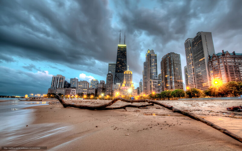 Chicago Skyline at Dusk — Blue, Dramatic, Sunset, Photograph, Beach
