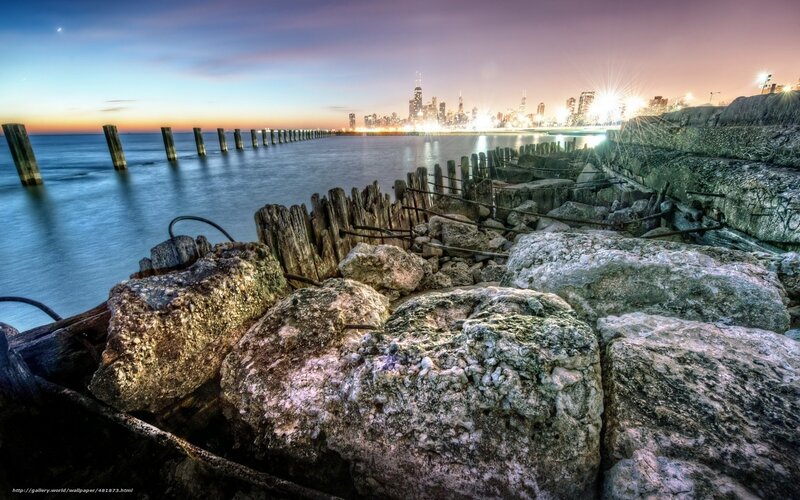 Chicago Skyline at Dusk — Blue, Dramatic, Sunset, Photograph, City Skyline, Rocks