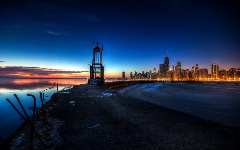 Chicago Skyline at Dusk — Blue, Dramatic, Sunset, Photograph, Lighthouse
