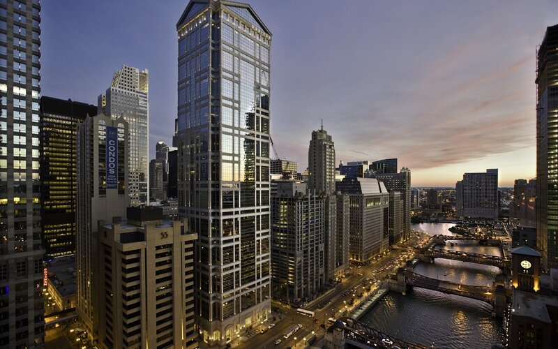 Chicago Skyline at Dusk — Blue, Dramatic, Sunset, Photograph, River