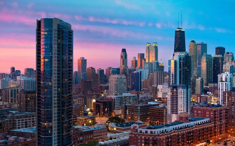 Chicago Skyline at Dusk — Blue, Dramatic, Sunset, Photograph, Skyscrapers, City Lights