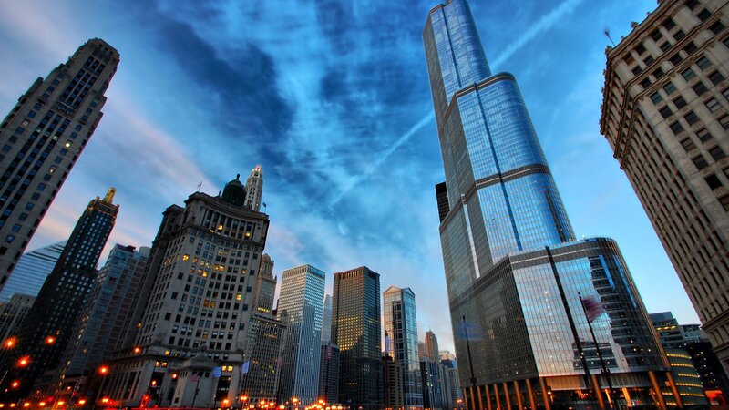 Chicago Skyline at Dusk — Blue, Dramatic, Sunset, Photograph, Skyscrapers, Clouds