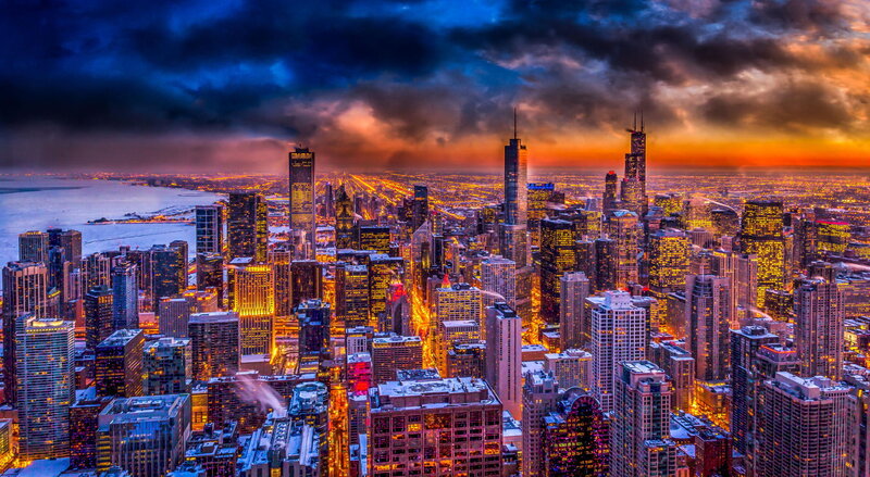 Chicago Skyline at Dusk — Blue, Dramatic, Sunset, Photograph, Skyscrapers, Lake