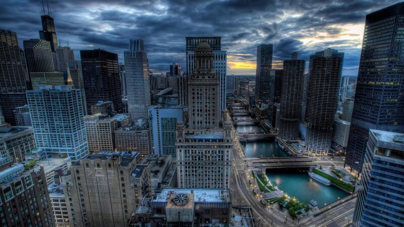 Chicago Skyline at Dusk — Blue, Dramatic, Sunset, Photograph, Skyscrapers, River, Bridges, Clouds