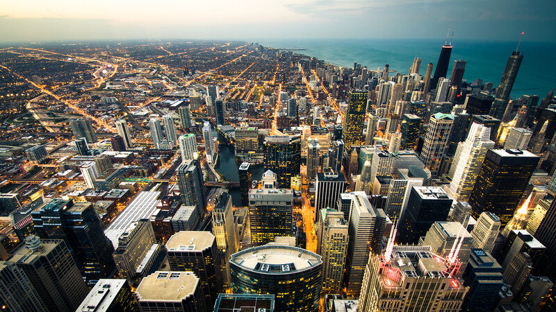 Chicago Skyline at Dusk — Blue, Dramatic, Sunset, Photograph, Skyscrapers, River, Lake