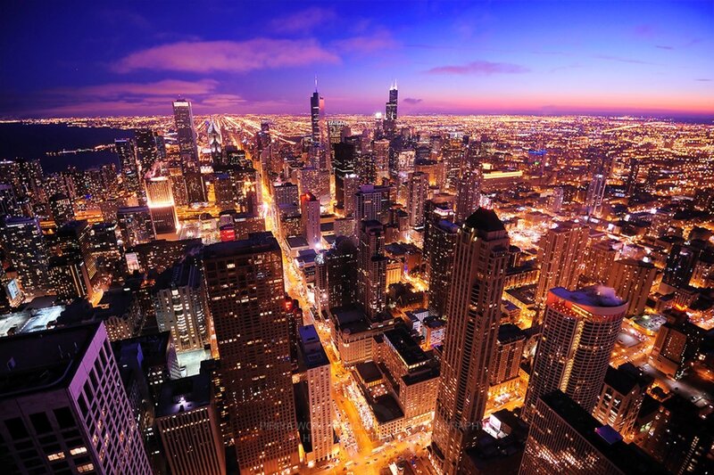 Chicago Skyline at Dusk — Blue, Dramatic, Sunset, Photograph