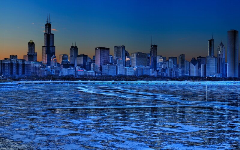 Chicago Skyline at Dusk — Blue, Dramatic, Winter, Photograph, Skyscraper