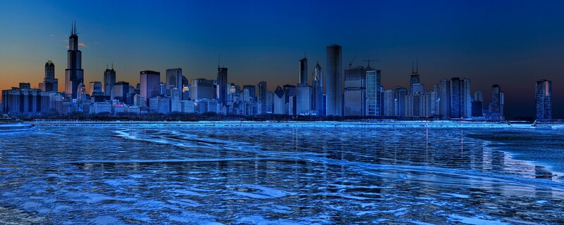 Chicago Skyline at Dusk — Blue, Dramatic, Winter, Photograph, Skyscrapers