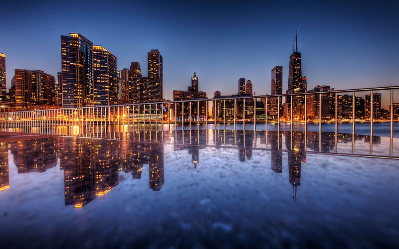 Chicago Skyline at Dusk — Blue, Serene, Night, Photograph, Buildings