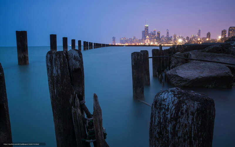 Chicago Skyline at Dusk — Blue, Serene, Night, Photograph, Skyscraper, Wooden Posts