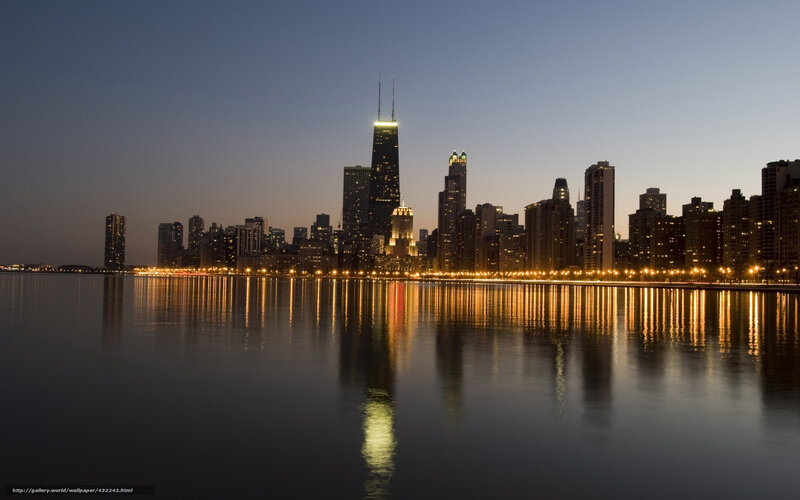Chicago Skyline at Dusk — Blue, Serene, Night, Photograph, Skyscrapers, Lake, Lights
