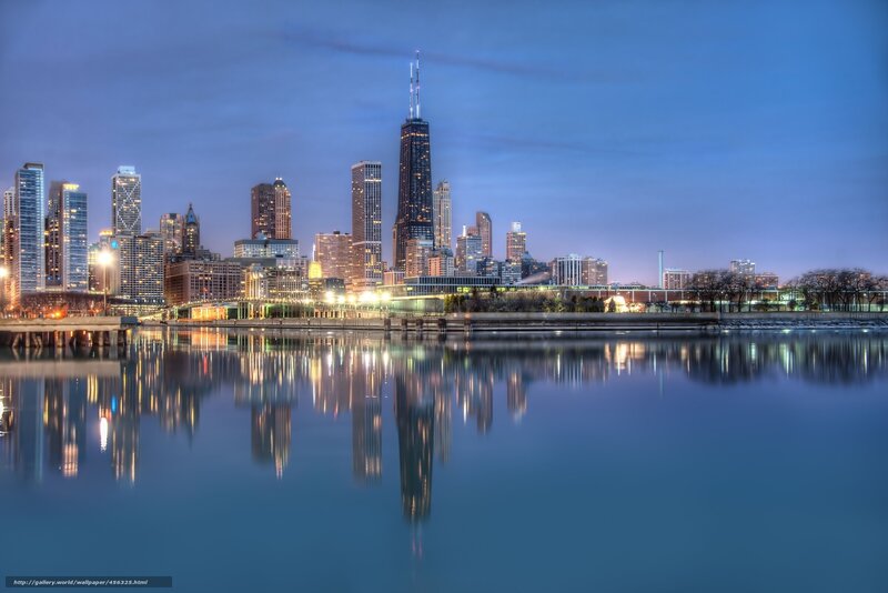 Chicago Skyline at Dusk — Blue, Serene, Night, Photograph, Skyscrapers, River