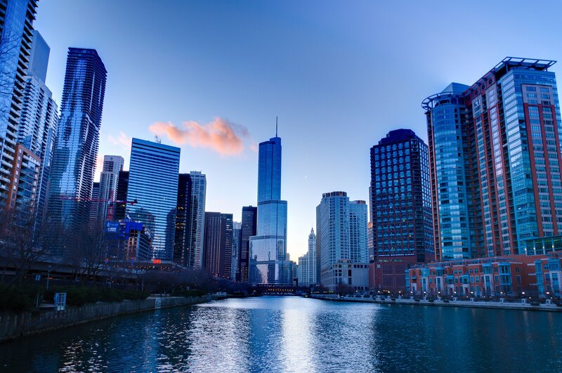 Chicago Skyline at Dusk — Blue, Serene, Photograph, River