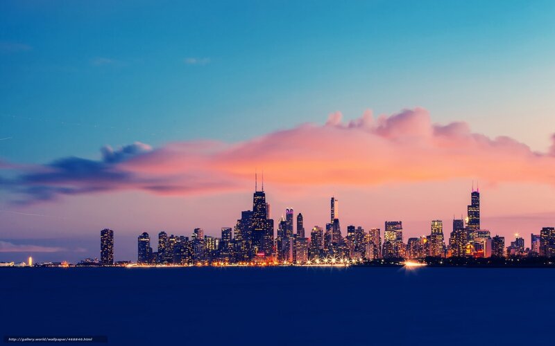 Chicago Skyline at Dusk — Blue, Serene, Sunset, Photograph, Clouds