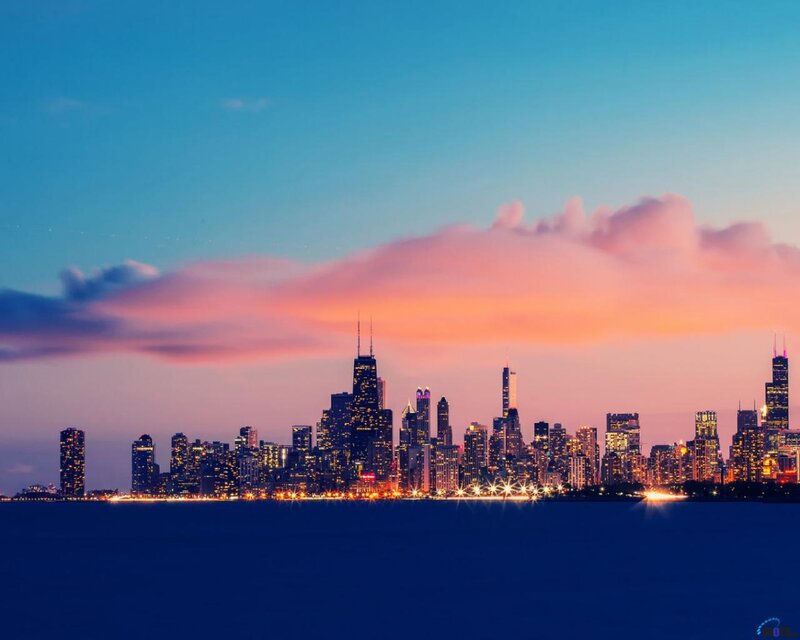 Chicago Skyline at Dusk — Blue, Serene, Sunset, Photograph, Lake