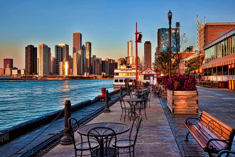 Chicago Skyline at Dusk — Blue, Serene, Sunset, Photograph, River, Buildings