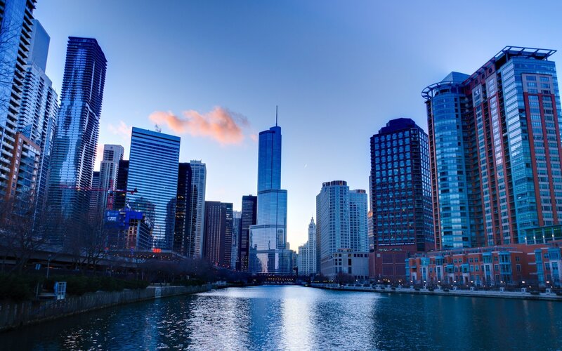 Chicago Skyline at Dusk — Blue, Serene, Sunset, Photograph, River, Skyscrapers