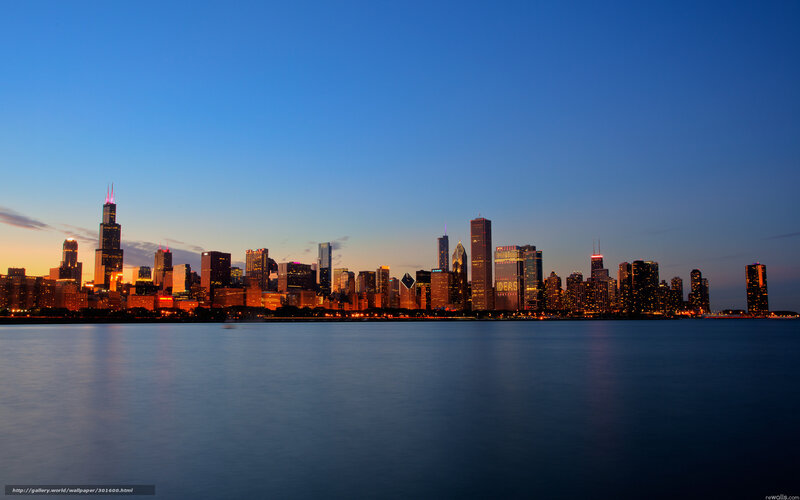 Chicago Skyline at Dusk — Blue, Serene, Sunset, Photograph, Skyscraper, Lake
