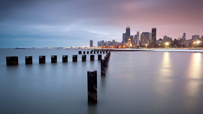 Chicago Skyline at Dusk — Blue, Serene, Sunset, Photograph, Skyscraper, Pier