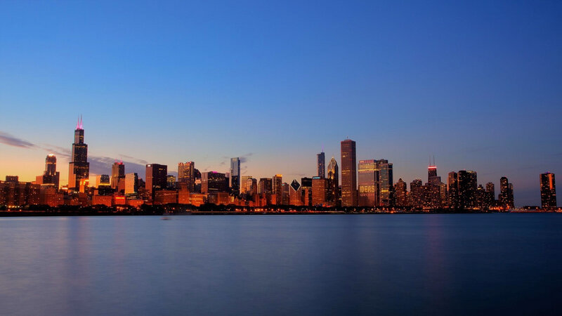 Chicago Skyline at Dusk — Blue, Serene, Sunset, Photograph, Skyscrapers, Lake