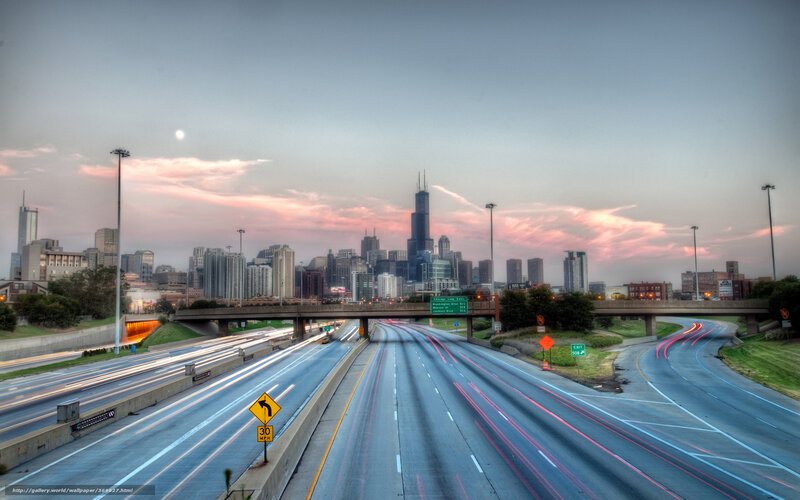 Chicago Skyline at Dusk — Gray, Dramatic, Sunset, Photograph, Highway