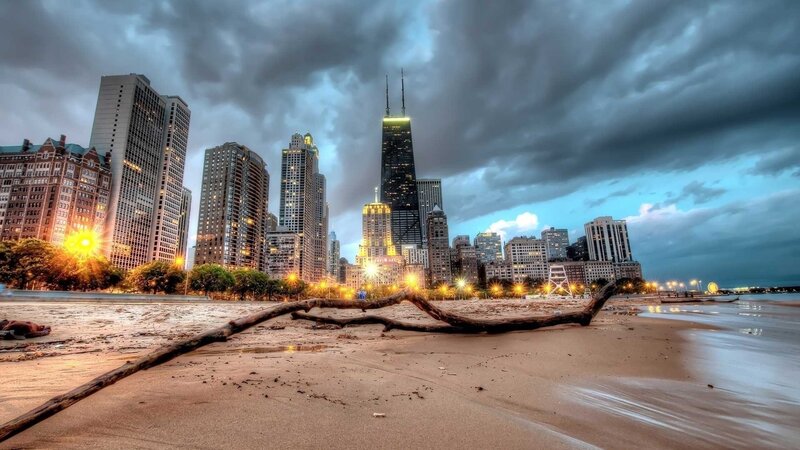 Chicago Skyline at Dusk — Gray, Dramatic, Sunset, Photograph, Skyscrapers