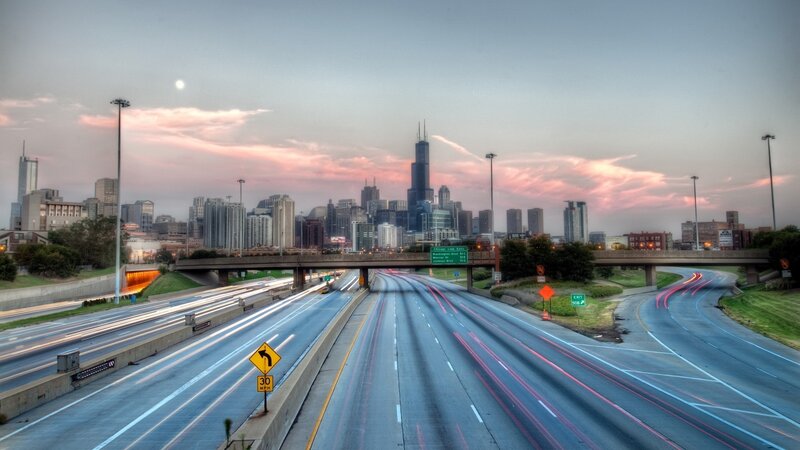 Chicago Skyline at Dusk — Gray, Dramatic, Sunset