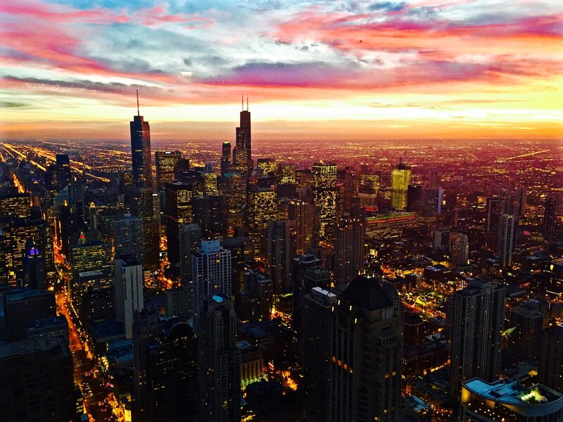 Chicago Skyline at Dusk — Orange, Dramatic, Sunset, Photograph, Skyscrapers, City Lights, Clouds