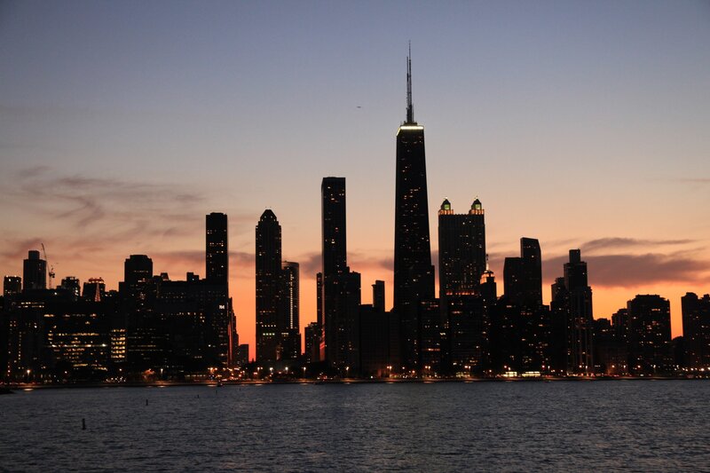 Chicago Skyline at Dusk — Orange, Dramatic, Sunset, Photograph, Skyscrapers, Water