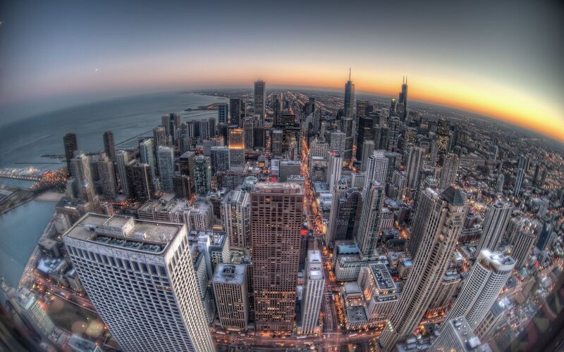 Chicago Skyline at Dusk — Orange, Dramatic, Sunset, Photograph