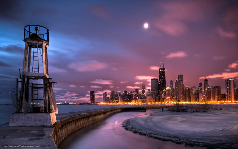 Chicago Skyline at Dusk — Purple, Dramatic, Night, Photograph, Lighthouse
