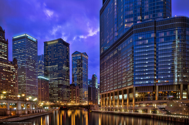 Chicago Skyline at Dusk — Purple, Dramatic, Night, Photograph, Skyscrapers, River, Bridge