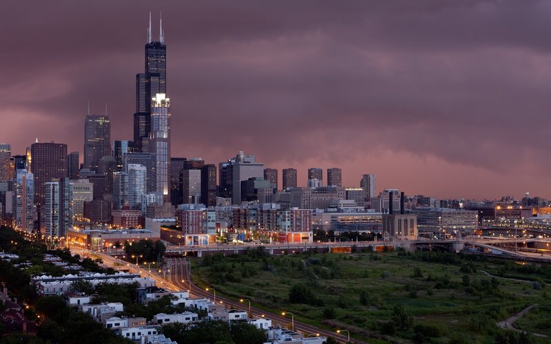 Chicago Skyline at Dusk — Purple, Dramatic, Night, Photograph