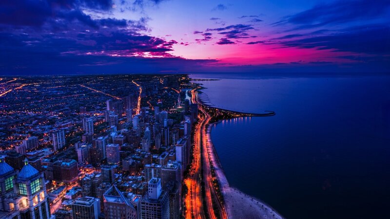 Chicago Skyline at Dusk — Purple, Dramatic, Sunset, Photograph, City, Lake, Highway