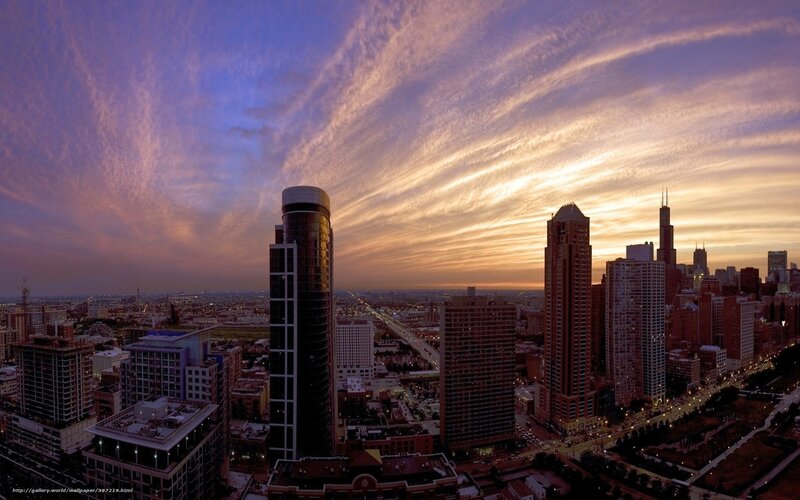 Chicago Skyline at Dusk — Purple, Dramatic, Sunset, Photograph, Skyscrapers, Highway