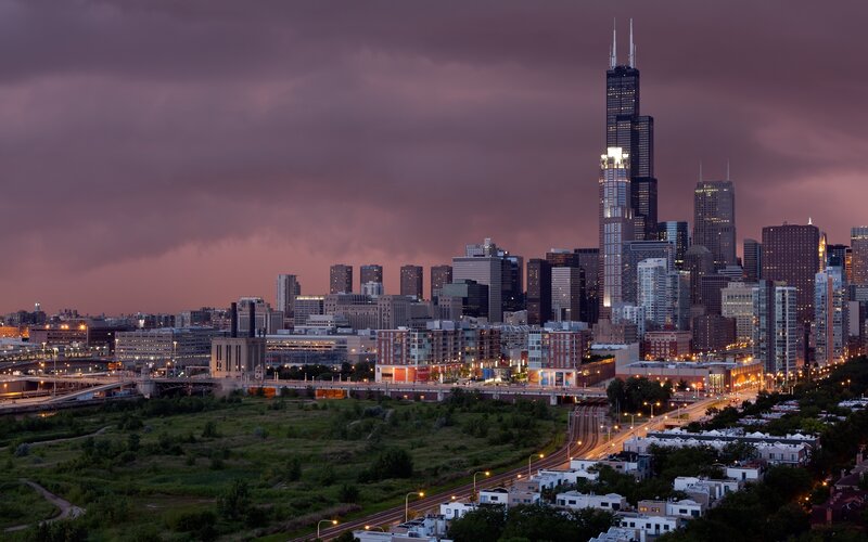 Chicago Skyline at Dusk — Purple, Dramatic, Sunset, Photograph, Skyscrapers, River