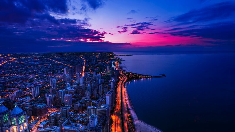 Chicago Skyline at Dusk — Purple, Dramatic, Sunset, Photograph