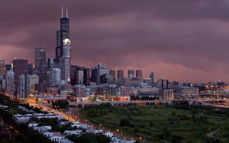 Chicago Skyline at Dusk — Purple, Dramatic, Sunset