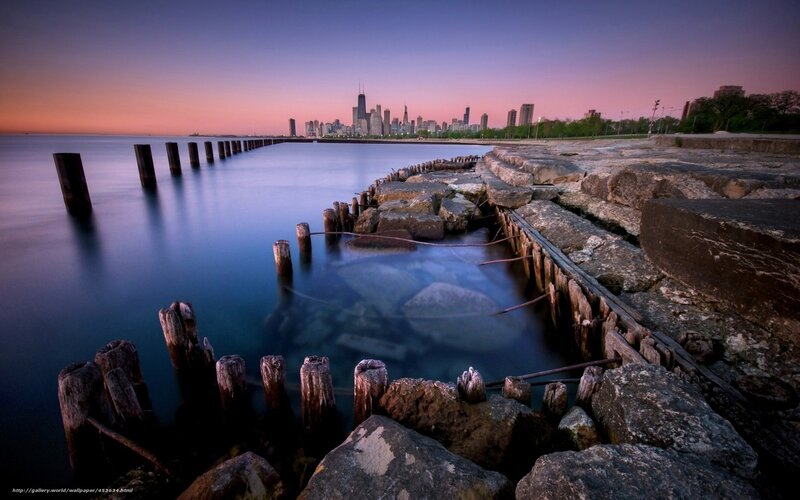 Chicago Skyline at Dusk — Purple, Serene, Sunset, Photograph, Pier