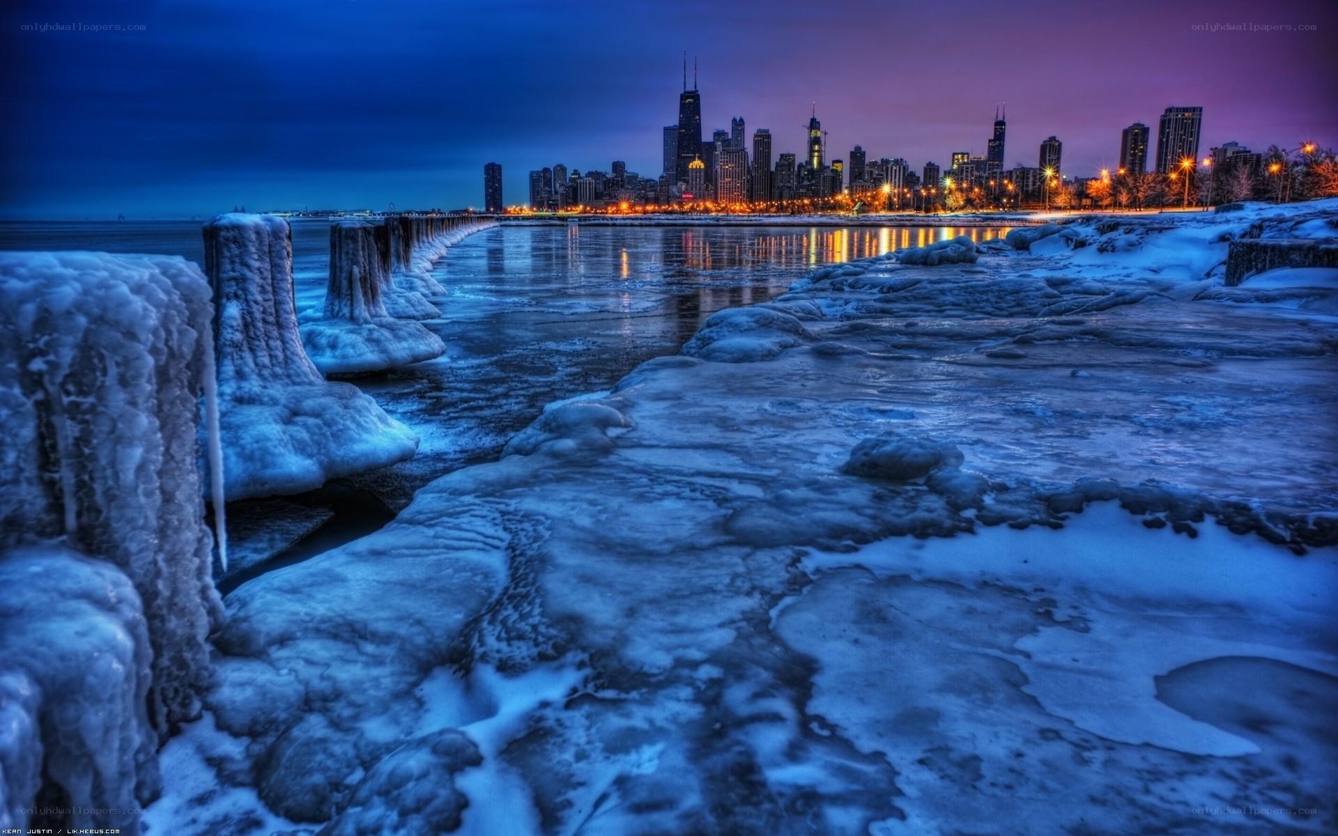 Chicago skyline at dusk with ice