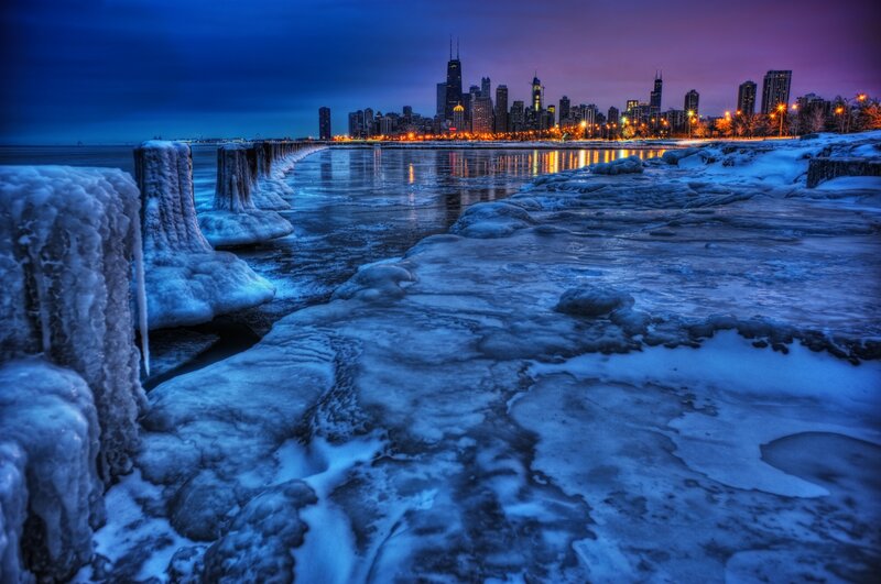 Chicago skyline at dusk with ice