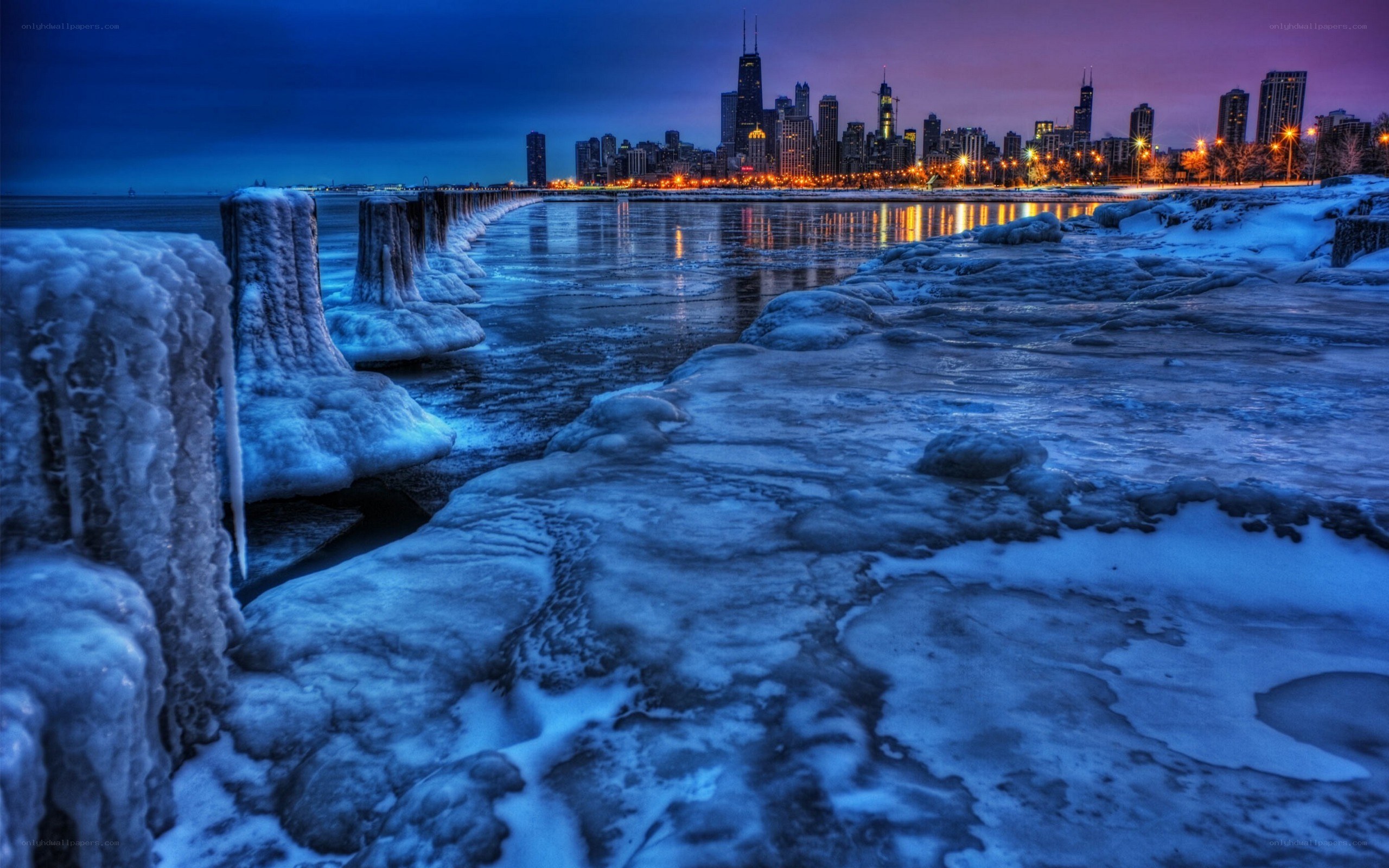 Chicago skyline at dusk with ice