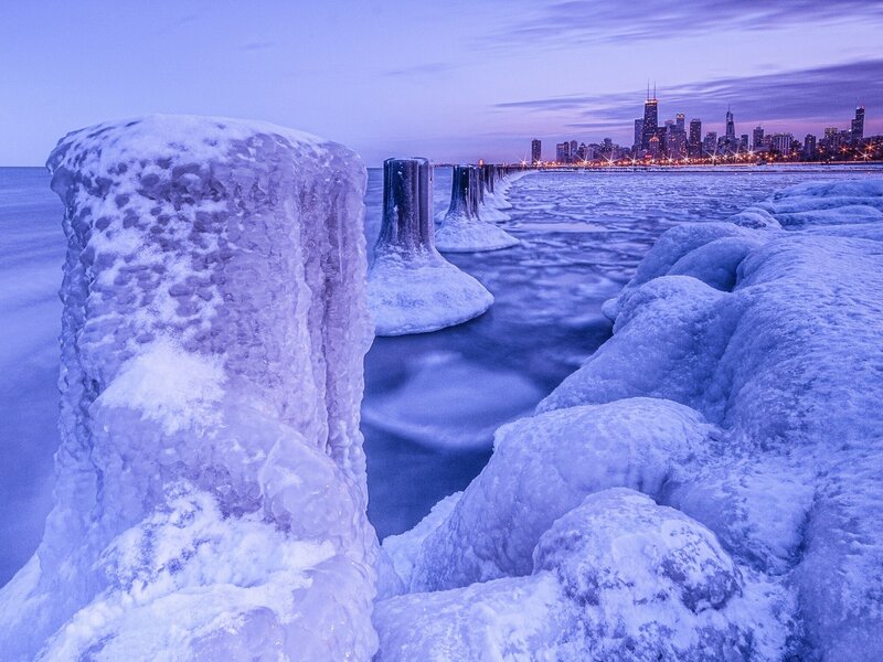 Chicago skyline at dusk with ice